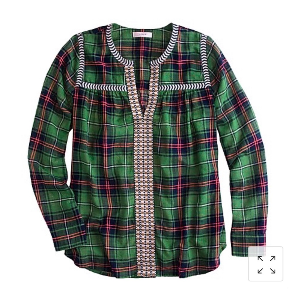 J. Crew Embroidered Peasant Top in Plaid Green 00